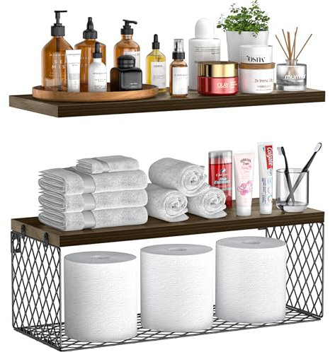 ausyde Floating Shelves Wall Mounted with Storage Basket, Bathroom Shelves for Wall,Rustic Wood Shelves for Bedroom,Living Room,Kitchen,Wall Decor,Plants,Books (Brown)