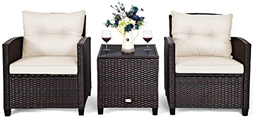COSTWAY 3-TLG. Rattan Gartenmöbel Set, Polyrattan Sitzgruppe, 2 Sessel & 1 Beistelltisch, Balkonmöbel Bistroset Gartengarnitur, Gartenlounge Gartenset inkl. Glasplatte & Sitzkissen, Beige