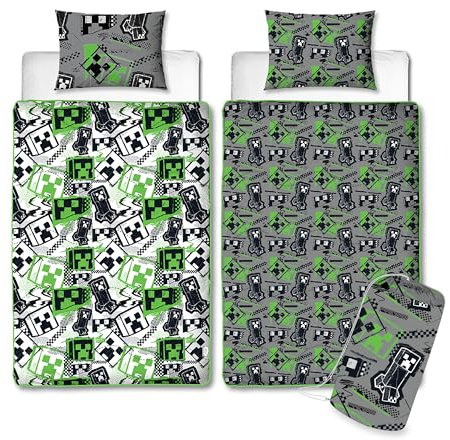 Minecraft - Juego de Ropa de Cama Individual Oficial de Minecraft, Reversible, diseño Mixto, edredón y Funda de Almohada, Lavable, Viajes y Fiestas de Pijamas, Minecraft 10,5 TOG
