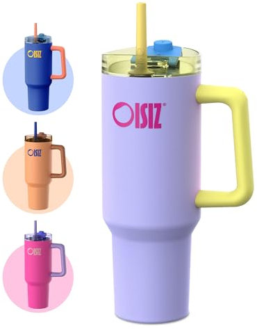OISIZ Becher mit Griff und Trinkhalm,1200 ml/1.2L Isolierter Edelstah Thermobecher,Wasserflasche EiskaffeeReisebecher,Trinkflasche mit Strohhalm,Deckel zum Schlürfen oder Trinken,BPA-frei