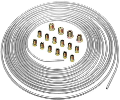 MOCNT 6,35mm Tuyau de Frein de Voiture 1/4 Tuyau de Frein Argent Zinc Revêtement 7,6m Kit de Conduite de Frein Replacement Auto Tube Tuyau de Carburant Frein avec 16 écrous
