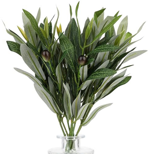 Tallos de ramas de olivo artificiales grandes de 15.7 pulgadas, 10 varillas, ramas de olivo sintético para jarrón, guirnalda de ramas de olivo, vegetación para centros de mesa, ramas de árbol falso,