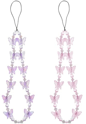 Beaded Phone Bracelet Strap, 2 PCS Crystal Butterfly Pearl Beaded Phone Charm Strap Phone Charm Cell Phone Pearl Lanyard Wrist Straps Mobile Phone Charm Decoration Cute Phone Chain for Women Girl
