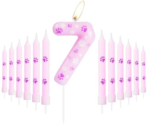 Pink Dog Paw 7th Birthday Candles, Birthday Number 7 Candles for Cake, Pink 7th Birthday Cake Decorations, Pink Cake Topper, Pink Dog Paw Theme for Boys Girls Pet Birthday Party Decorations Supplies