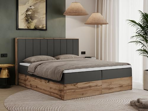 MKS MEBLE Boxspringbett 140x200 mit Bettkasten Eiche, Polsterbett 140x200 mit Matratze H3, Bett 140x200 mit Kopfteil, Bett mit Holzrahmen in Wotan Eiche - Dunkelgrau Kunstleder - Bellissimo