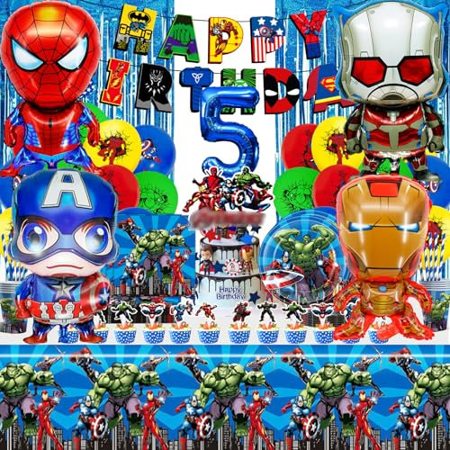 103 Stück Superheld 5 jahre Partygeschirr Geburtstagsdeko Set, Superheld 5 jahre Deko Geburtstag Kinder, Superheld Party Dekoration Supplies Geschirr Teller, Tischdecke, Servietten, Pull Flag