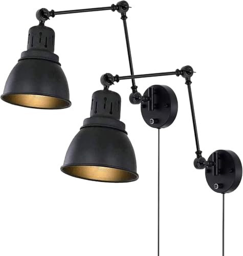 Lámpara de Pared Retro con Interruptor y Enchufe, Aplique de Pared Ajustable de Estilo Industrial E27, Lámpara de Noche Giratoria Negra Retro, Luz de Pared para Sala de Estar, Dormitorio,2 pack