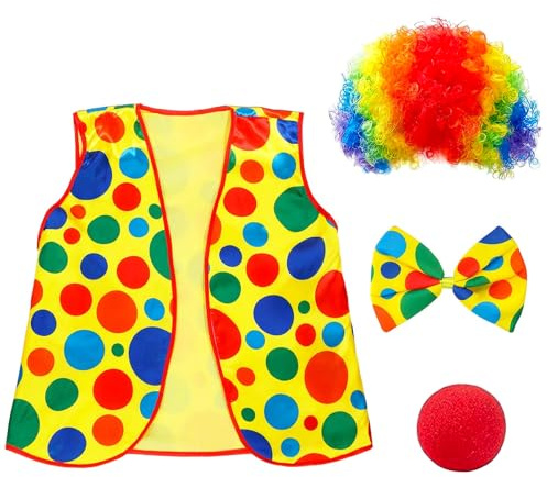 4 Stück Clown Kostüm Accessoire mit Perücke, Weste, Fliege, Nase für Kinder und Erwachsene Halloween Cosplay Zirkusshow Karneval
