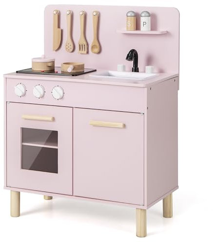 COSTWAY Kids Play Kitchen, Wooden Pretend Toy Kitchen with Sound & Lights, Sink, Faucet, Oven, Utensils, Children's Chef Role Play Set for Boys Girls (Pink)