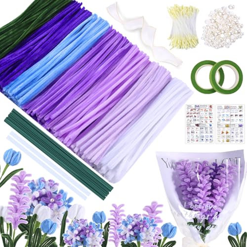 MKLG Set di 385 pulitori per pipe, fiori per fai da te, con bastoncini di fiori verdi, rotoli di nastro, stick di colla, istruzioni, confezioni di bouquet, nastri, stami, ecc. (viola)