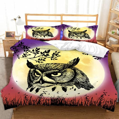 Hongduo 3D Eulenmotiv Bettwäsche 135x200 cm Weiche Mikrofaser Karikatur Bettwäsche-Sets mit Reißverschluss 3 Teilig Bettbezug Set mit Kissenbezug 80x80 cm