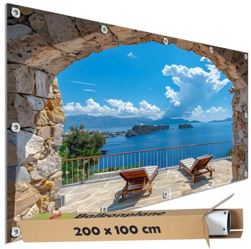 TRIOSK Sichtschutz Balkon Deko Plane Balkonblende Blickdicht mit Motiv Mauer Tor Balkon Meer Blick für Garten Terrasse Gartenzaun Balkonverkleidung Blickschutz PVC groß 200x100 cm