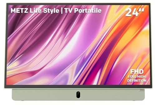 METZ TV Portatile, MPE7200Z, 24, Batteria Incorporata, Ricarica Auto 12V e Power Bank, Anti-glare, LED, FHD Smart, Google TV, HDMI, USB, Bluetooth, Wifi 5, Uscita Antenna, Verde