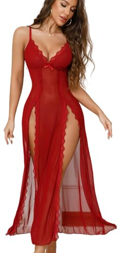 Tomkids Set di biancheria intima da donna in pizzo – Babydoll sexy con scollo a V e spacco laterale | Tessuto a rete Negligée, Corsage e Camicia da notte in un unico, Colore: rosa., S