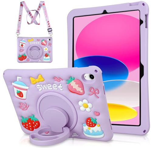 Coolden Hülle für iPad (A16) 11 Generation 2025 Hülle iPad 10 Generation 10,9 Zoll 2022 Weiches Silikon Stoßfeste Schutzhülle Süße Erdbeere Kinder Case mit 360° Drehbare Ständer Schultergurt, Lila