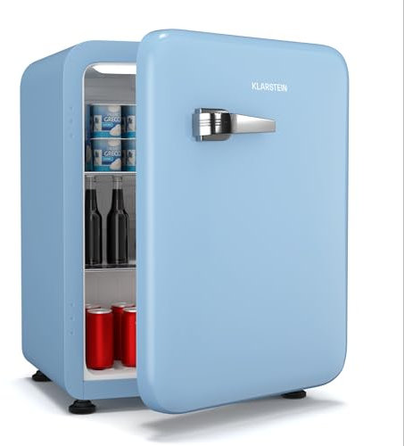 Klarstein Audrey Evo 68L - Minifrigo Rétro, Silenzioso: 40 dB, Termostato Meccanico, Sportello Reversibile, Mini Frigo da Camera & Ufficio, Blu