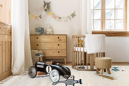 Mazovia Groß Teppich Kinderzimmer 160x230cm Creme Flugzeug Kinder 3D-Muster | Teppich für Wohnzimmer Schlafzimmer Esszimmer Büro Beige Pflegeleicht Tierfreundlich Allergikerfreundlich Mittelflor Stilvoll