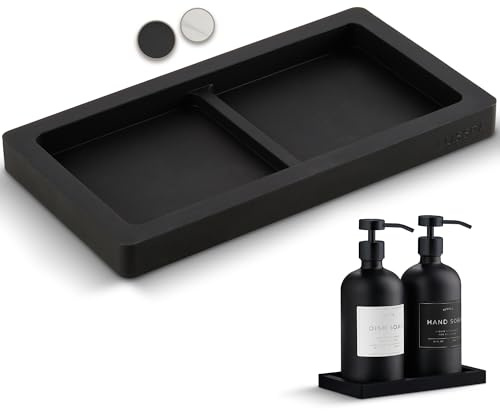 Countertop and Vanity Tray – Small Silicone Tray for Soap Dispenser Bottles, Bathroom Organiser, Dish Soap Holder for Kitchen Counter, Sponge Holder and Sink Caddy (Black)