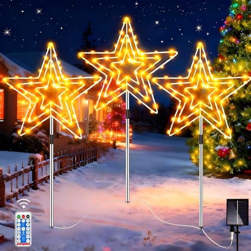 Cozymeow 3x75 Led Stern Outdoor, Solar Weihnachtsbeleuchtung Außen IP65 Wasserdicht Outdoor Weihnachtsdeko, 8 Modi Gartenstecker Weihnachten für Garten Wege Rasen Balkon Blumenkasten Hof Terrasse