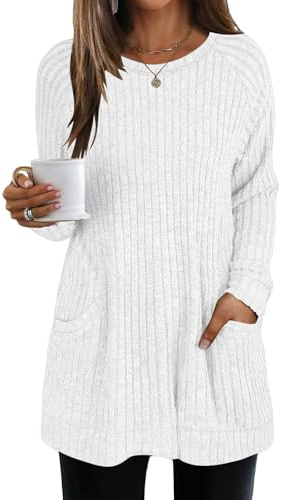 AMDOLE Long Sleeve Jumpers For Women Casual Tops Loose Fit Rib Knit Lightweight Long Sweater Crew Neck Pullover With Pockets Body Suits Women Sweater White 3XL