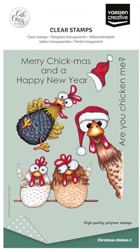 Vaessen Creative CAR0104 Silikonstempel Weihnachtshühner-10 Transparenter Stempel für präzises Arbeiten-Karten Basteln, Scrapbooking, Umschläge un DIY-Kompatibel mit Stempelhilfe + Stempelblock, A6