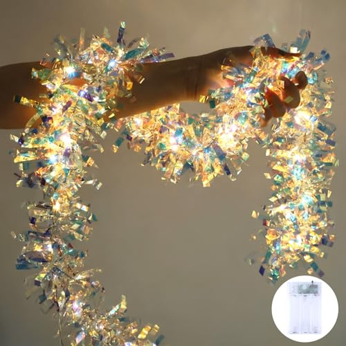 LAWOHO 2er Set Weihnachtsgirlande mit Beleuchtung, 2X 2m Glitzer Lametta Girlande mit 80 LED, Batteriebetrieben für Valentinstag, Weihnachtsbaum Deko, Christmas Tinsel Garland Glitter