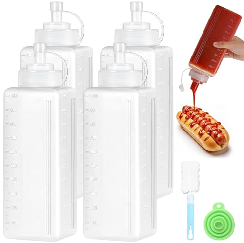 Sinofort 4Pcs 1000ml Sauce Bottle,Plastic Squeezy Bottle With Nozzles | 32 Oz squeeze condiment dispenser with sponge cleaning brush and funnel, for ketchup, sauces, salad, mayo, olive oil