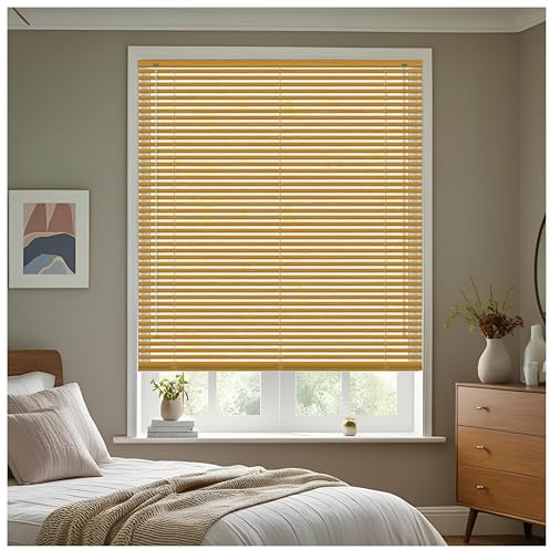 J.Din Teak Wood Grain Effect Made To Measure PVC Venetian Window Blinds Easy Fit Windows Treatment Curtains 25mm Slats Wooden Shutters Child Safe Fittings 90W x 213H cm