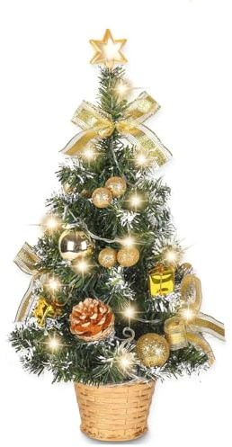 Lucoss 45cm Small Christmas Tree with Lights, Golden Mini Christmas Tree with Pine Cones & Star Topper, Perfect for Bedroom, Kitchen, Party Decoration (Battery Not Included)