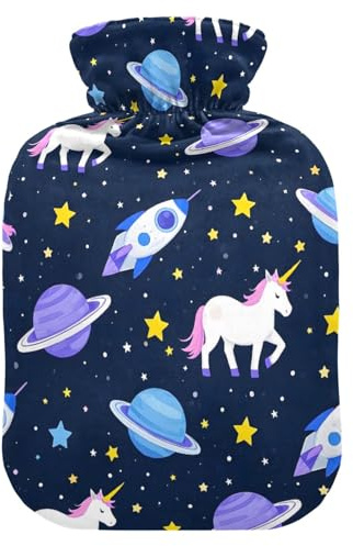 Unicorn Planet Rocket Hot Water Bottle with Velvet Cover Hot Water Bag for Pain Relief 2L, Neck Cramps Shoulders Pain Relief, Hot Cold Pack