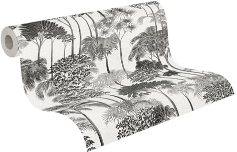 A.S. Création Palmenblatt-Vliestapete – Grau, Schwarz – 10,05 x 0,53 m | Florales Palmenblatt-Motivals Akzent – schimmernde Motivtapete im Metallic-Look, einfach zu verkleben & spurlos abziehbar