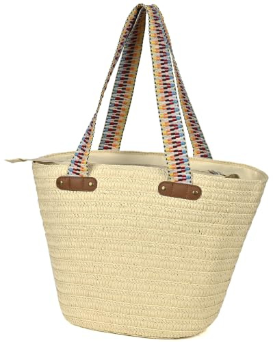 KESUDE Strohtasche Damen Strandtasche mit Reißverschluss Korbtasche Sommer Taschen Straw Bag große Shopper Schultertasche Umhängetasche für Urlaub Reise Strandtasche Damen