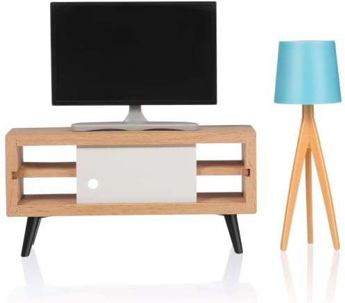Hemobllo Puppenhausmöbel Set Mit Fernseher Tv-Schrankmodell Und Lampenmodell Mini-Hausdekoration Für Wohnzimmer DIY Zubehör Für Puppenhaus 3 Teiliges Möbelset