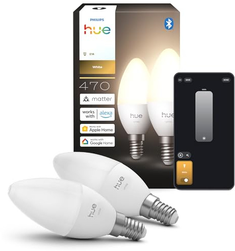Philips Hue Smart LED-Leuchtmittel, B39, E14, 2er Pack, Warmes Weißlicht 2.700 K, 470 lm, Niedrig Dimmbar, Alexa, Google Home, Apple Home