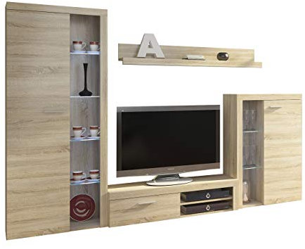 Rango Ensemble de meubles de salon design - Montage moderne - Mur d'armoire, vitrine, meuble TV bas - Mur multimédia (avec éclairage, chêne Sonoma)