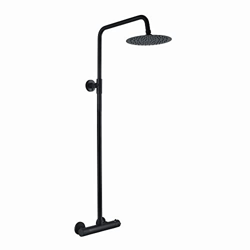 ENKI SH0037 Dune 200mm Thermostatic 1 Outlet Shower System, Matt Black | Solid Brass, Swivel Spout, Rainfall Shower Head, Shower Mixer Set, Modern Bathroom