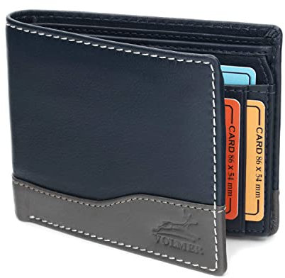 Fa.Volmer ® Ledergeldbörse Echtleder Querformat mit RFID-Schutz Slim Design Manhattan Serie #MW114 (blau Navy/grau)