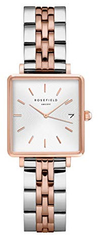 Rosefield Damenuhr The Boxy XS Gold Eckiges Gehäuse - Weißes Zifferblatt mit Roségoldenem & Silbernem Edelstahl Band QMWSSG-Q023