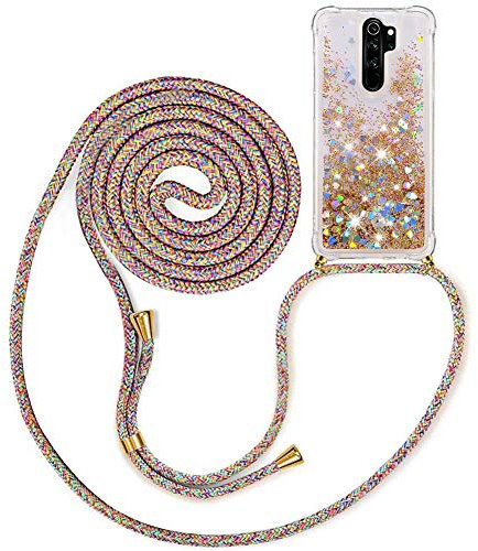 MXKOCO Handykette kompatibel mit Xiaomi Redmi Note 8 Pro Glitzer Flüssig Bewegende Treibsand Hülle mit Band Umhängetaschen+Hüllen mit Umhängeband Handykordel mit Schutzhülle Stylische Kette mit Hülle