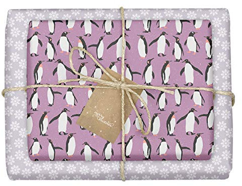 dabelino Geschenkpapier Weihnachten/Winter Pinguine/Schneeflocken - lila: 4x Bögen + 4x Anhänger Set (Kinder, Erwachsene, umweltfreundlich, öko) | Weihnachtsgeschenkpapier