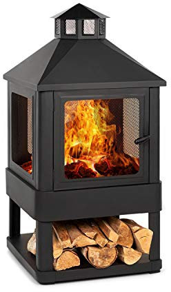 Blumfeldt Macondo Feuerstelle Gartenkamin Feuerlaterne Gartenofen, Feuerschale: 35 x 35 cm, Holzfach, FireView, Feuerschalen für den Garten, Massive & stabile Konstruktion aus Stahl, schwarz