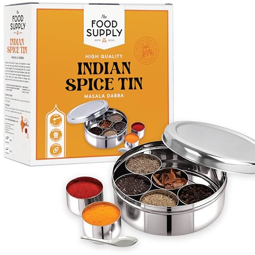Pick N Save Spice Box Masala Dabba with 7 Compartments made out of Highest food grade stainless with FREE Serving spoon (Stainless Steel Lid, 18cm)