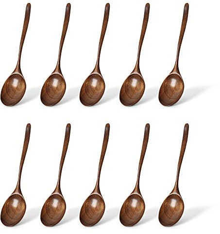 UPTALY 10 cucharas de madera para servir (23,5 x 5,7 cm), cuchara de madera de boca grande, cucharón de madera de Phoebe 100% natural, cucharada japonesa con mango curvo