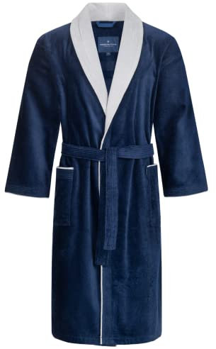 Morgenstern Bademantel Herren 100% Baumwolle Frottee Velours Saunamantel Schalkragen Lang für Sauna Spa Reha Pool Wellness - Oeko Tex Marineblau/Hellgrau L Sam