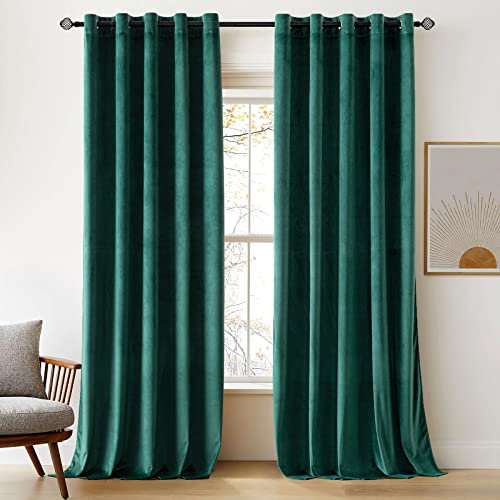 Woaboy Superweiche Samtvorhänge, für Wohnzimmer, luxuriöse Ösen, Verdunkelungsvorhänge, Schlafzimmer, Fensterbehandlung, wärmeisoliert, schalldicht und raumverdunkelnd, B 66 x L 90 cm, Dunkelgrün, 2