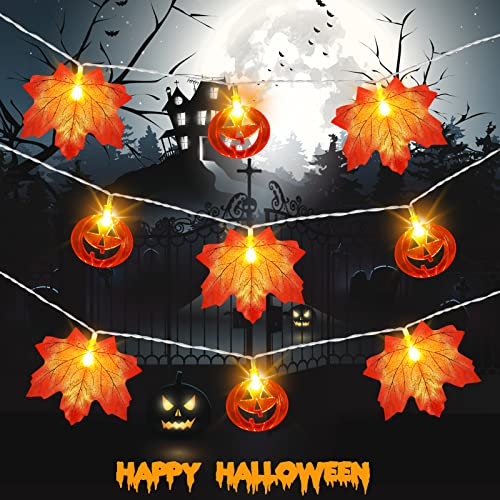 Halloween-Lichterkette mit Kürbissen und Ahornblättern, mit 20 LEDs, Halloween-Dekoration, Nutzung im Innen- und Außenbereich