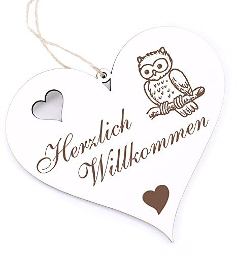 Herzlich Willkommen Schild - niedliche Eule - Deko Herz Holz Willkommensschild Türschild Dekoschild Türdeko