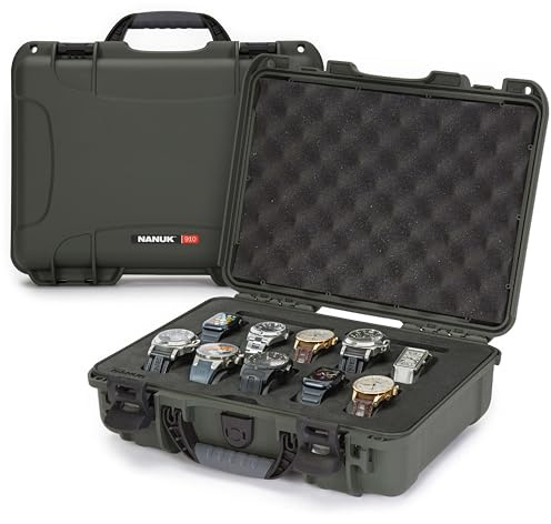 NANUK 910 - Waterproof travel case for watches, 10 compartments, shock- and dust-resistant, cabin-sized, premium foam interior (36.3 × 28.2 × 12 cm) (Olive)