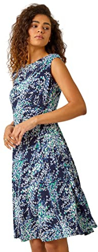 Roman Originals Women Textured Leaf Print Fit & Flare Dress - Ladies Spring Everyday Summer Evening Vacation Work Holiday Smart Casual - Green - Size 18