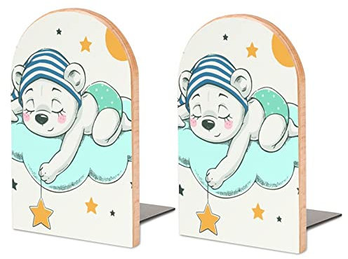 Lot De 2 Serre-Livres Ours Support De Livre Antidérapant en Bois pour Bibliothèque De Bureau